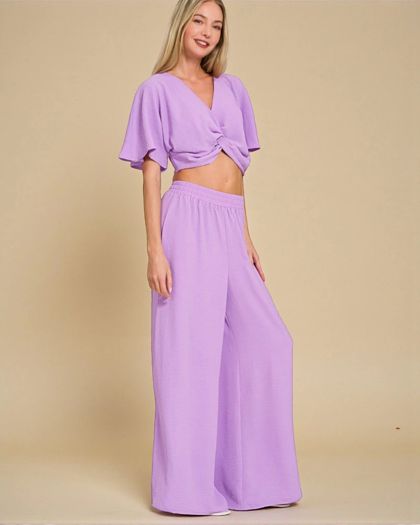 Zenana Purple Twisted Top & Wide Leg Pants Set