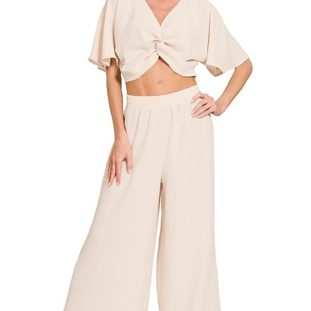 Zenana Cream Twisted Top & Wide Leg Pants Set