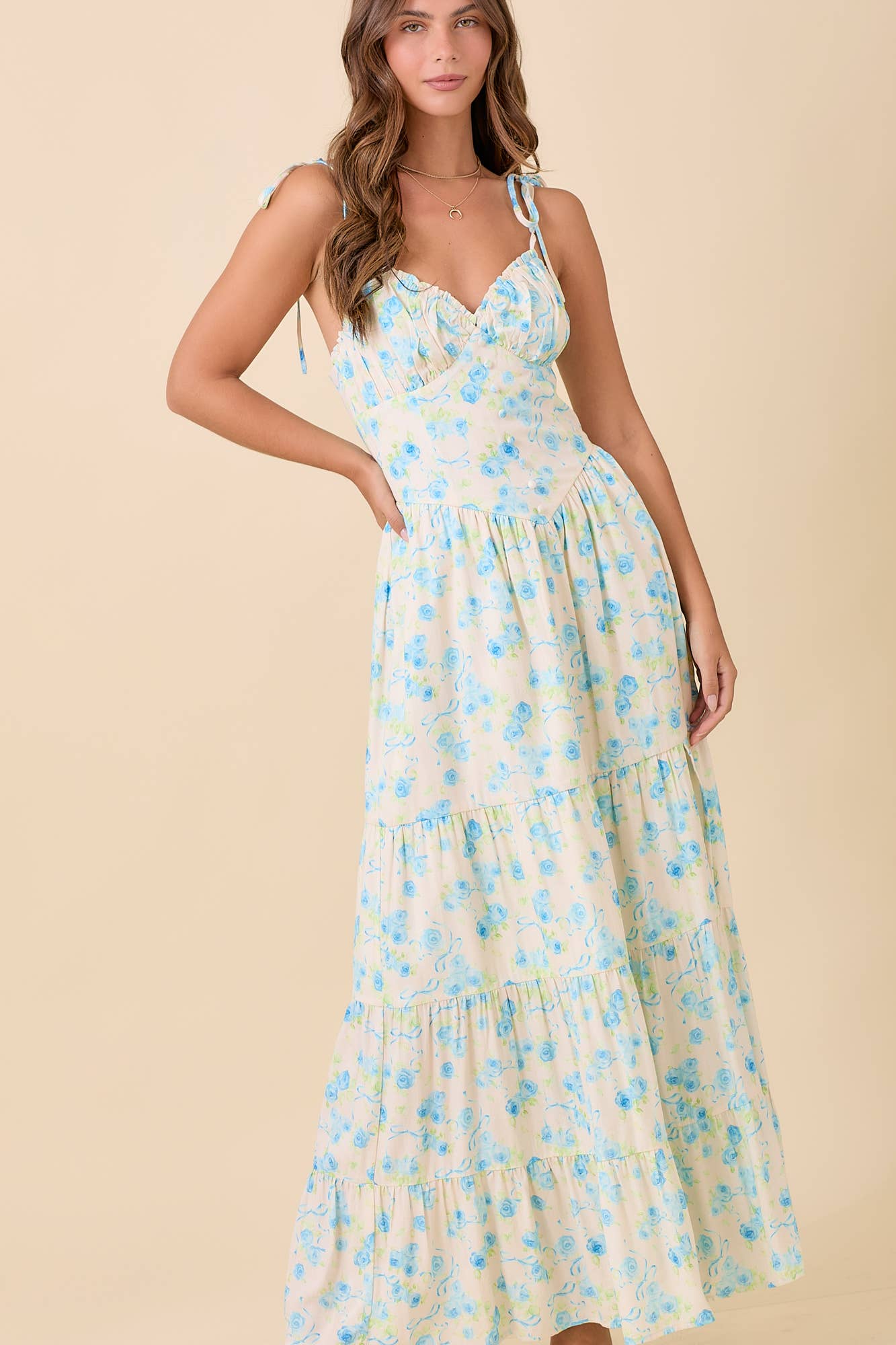 Shoulder Strap Tie Maxi Tier Dress
