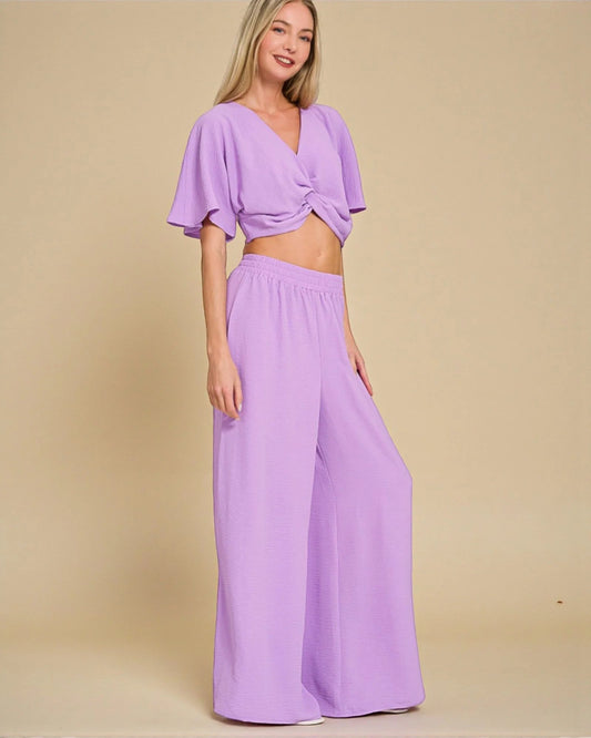 Zenana Purple Twisted Top & Wide Leg Pants Set