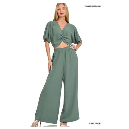 Zenana Ash Jade Twisted Top & Wide Leg Pants Set