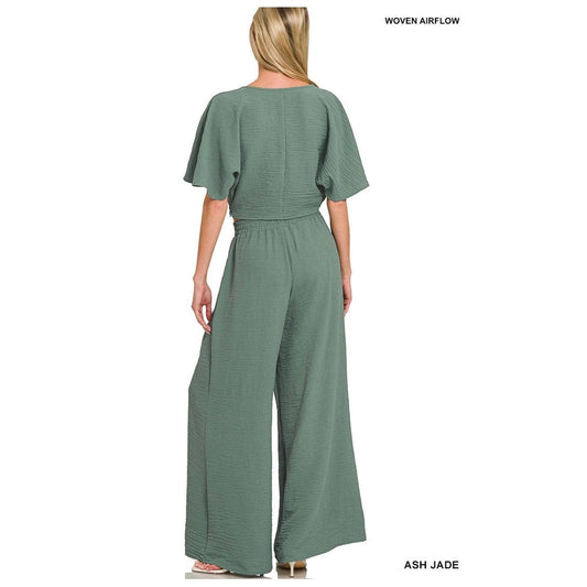 Zenana Ash Jade Twisted Top & Wide Leg Pants Set