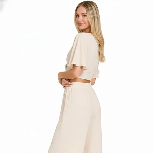 Zenana Cream Twisted Top & Wide Leg Pants Set