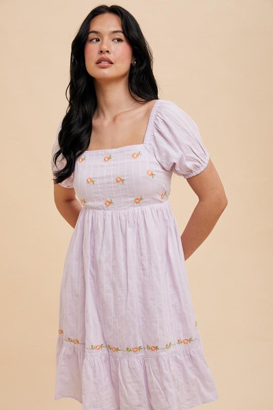 Embroidered Square Neck Mini Dress